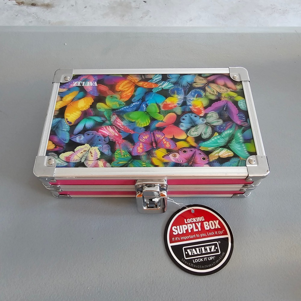 Vaultz Locking Supply Box Butterfly Print Pink Small Storage Case VZ03945